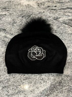 New Custom Designed Black Slouchy Pom Beanie with Black & White Embroidered Rose